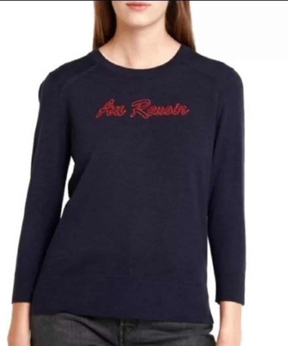 Banana Republic Merino Wool "Au Revoir" Sweater Medium Navy Blue Graphic